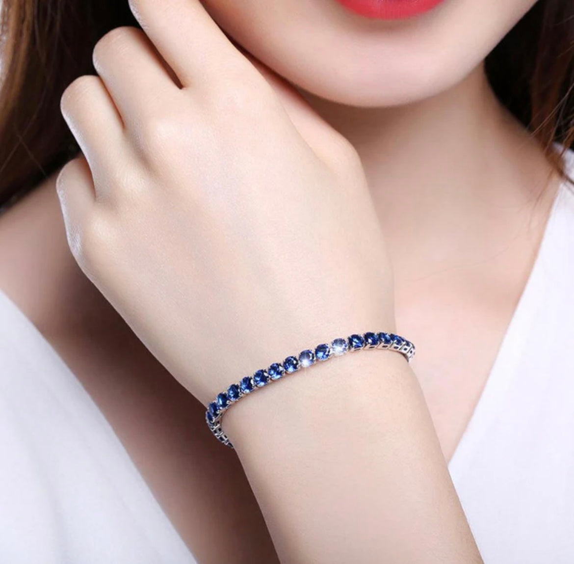 Blue silver plated cubic zirconia studded adjustable tennis bracelets