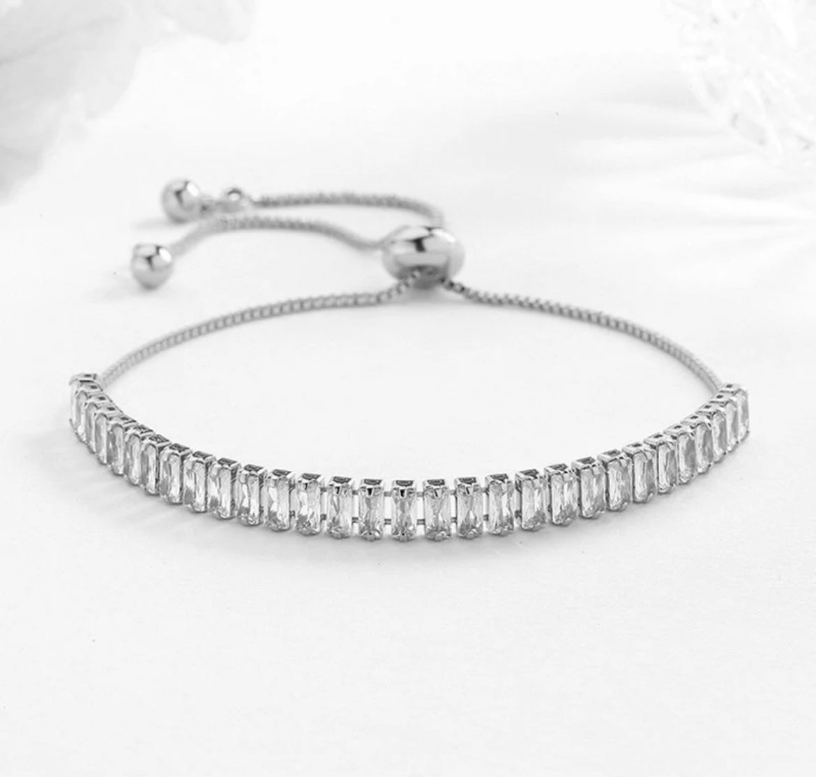 Silver rectangular cubic zirconia studded adjustable tennis bracelets