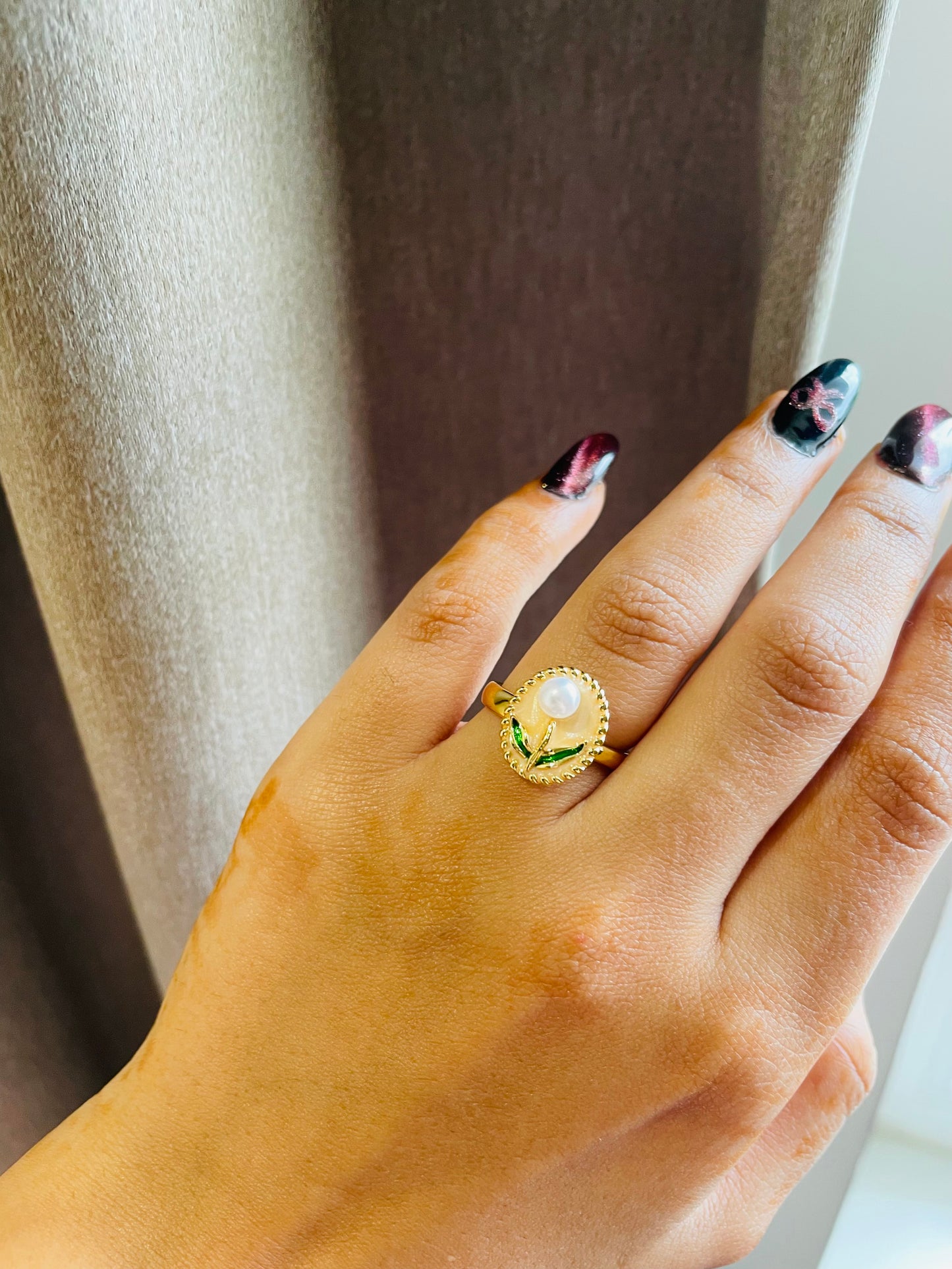 Pearled rose resin ring