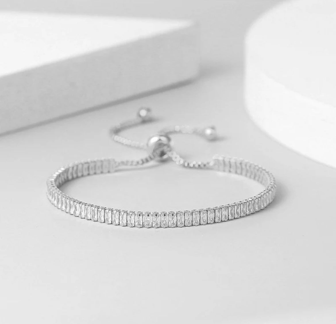 Silver rectangular cubic zirconia studded adjustable tennis bracelets