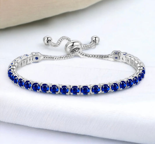 Blue silver plated cubic zirconia studded adjustable tennis bracelets